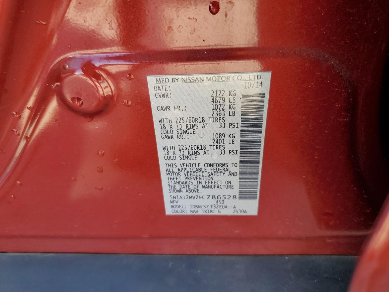 2015 Nissan Rogue VIN 5N1AT2MV2FC786528 Copart auction photo, front end damage thumbnail 14
