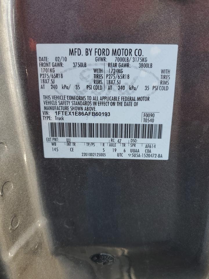 2010 Ford F-150 VIN 1FTEX1E86AFB60193 Copart auction photo, front end damage thumbnail 12