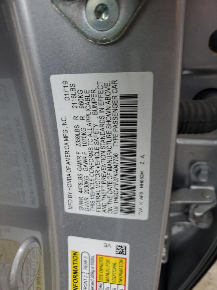 2019 Honda Accord VIN 1HGCV1F37KA047756 Copart auction photo, front end / undercarriage damage thumbnail 12