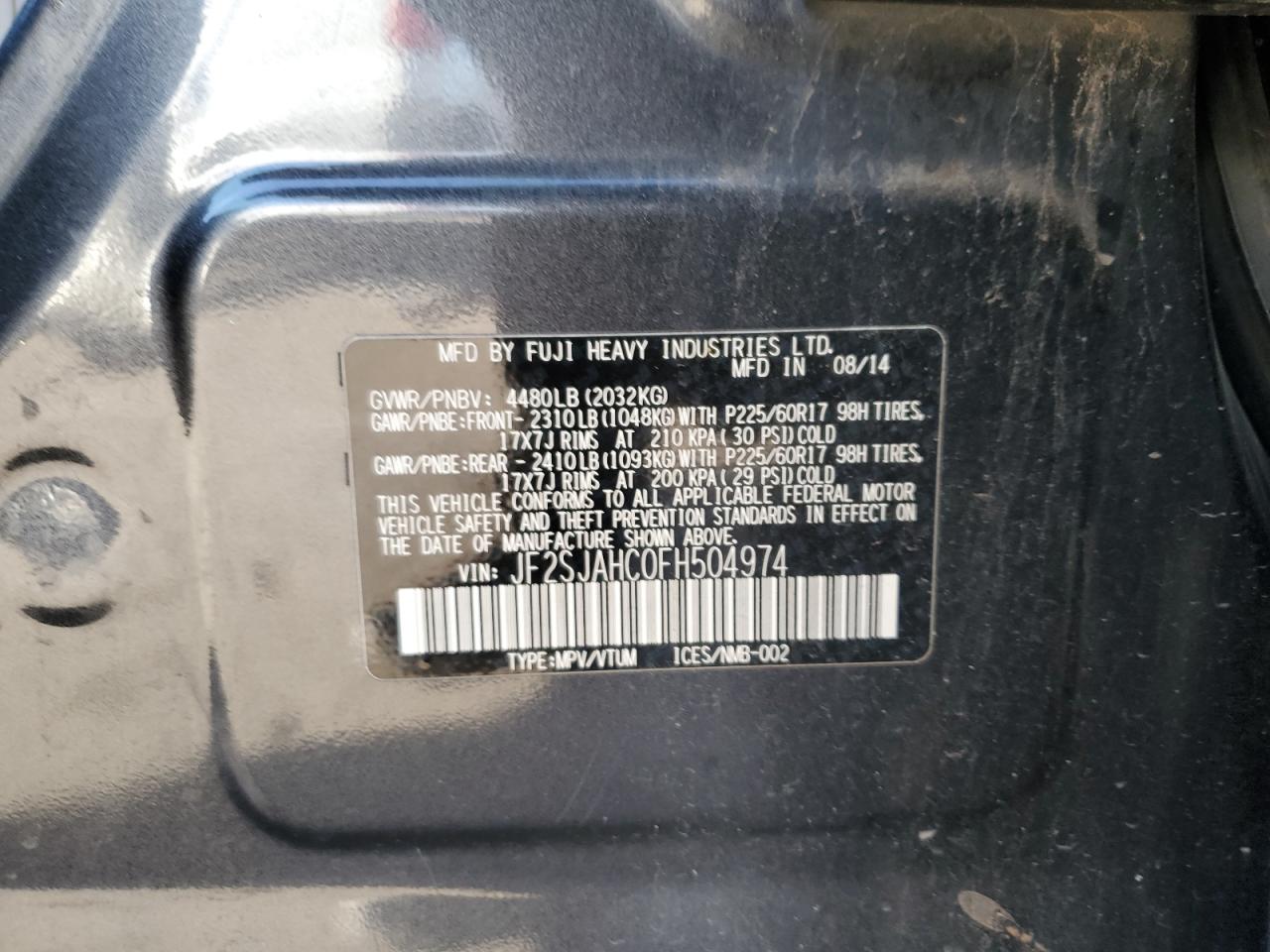 2015 Subaru Forester VIN JF2SJAHC0FH504974 Copart auction photo, front end / rear end damage thumbnail 13