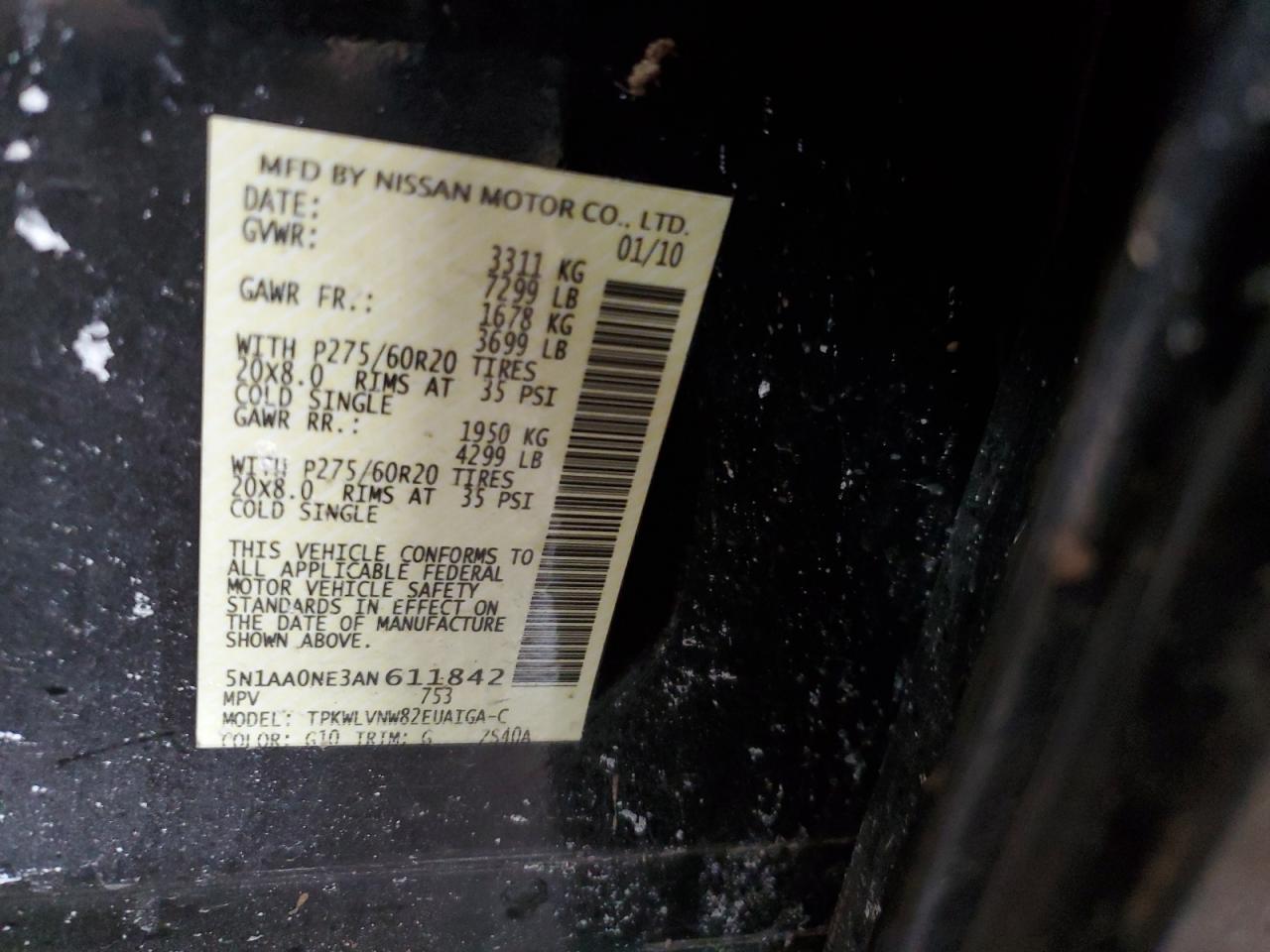 2010 Nissan Armada VIN 5N1AA0NE3AN611842 Copart auction photo, side / front end damage thumbnail 13
