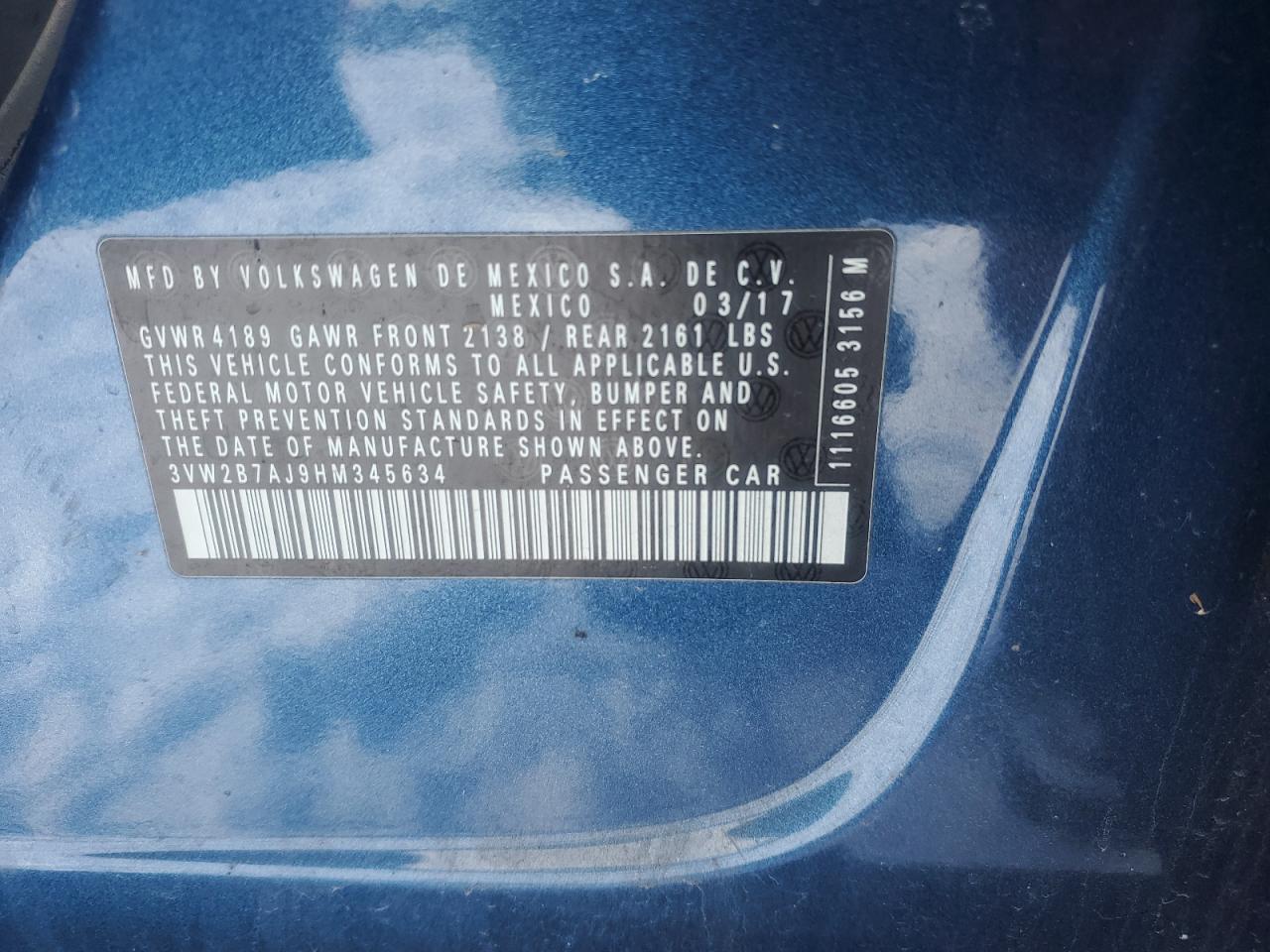 2017 Volkswagen Jetta VIN 3VW2B7AJ9HM345634 Copart auction photo, front end / rear end damage thumbnail 14