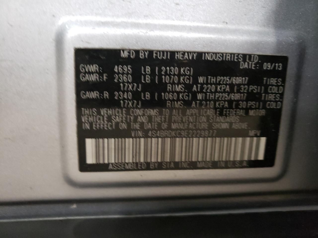 2014 Subaru Outback VIN 4S4BRDKC9E2229877 Copart auction photo, front end damage thumbnail 13