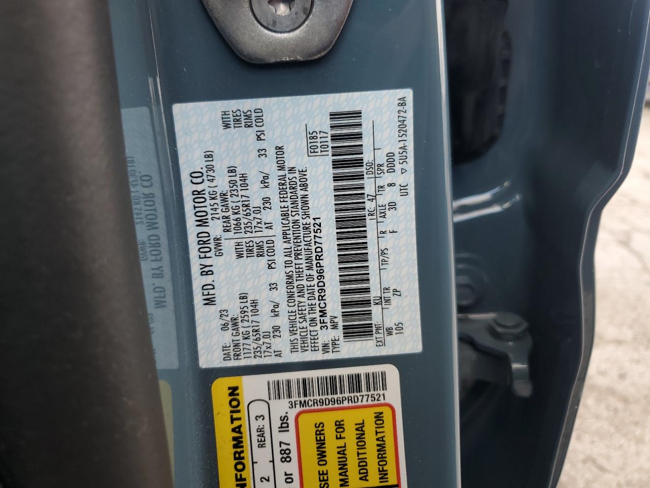 2023 Ford Bronco VIN 3FMCR9D96PRD77521 Copart auction photo, rear end / side damage thumbnail 15