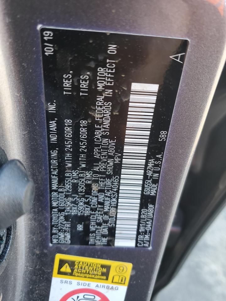 2019 Toyota Highlander VIN 5TDJZRFH0KS740465 Copart auction photo, all over damage thumbnail 13