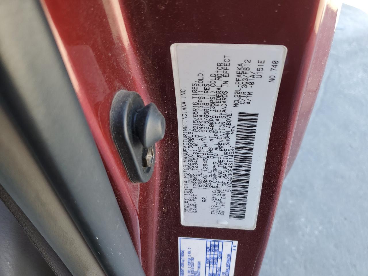 2004 Toyota Sienna VIN 5TDZA23C84S114997 Copart auction photo, front end / minor dent/scratches damage thumbnail 13