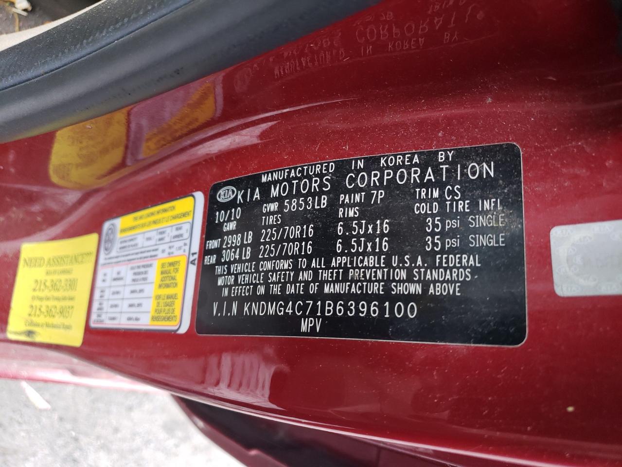 2011 KIA Sedona VIN KNDMG4C71B6396100 Copart auction photo, biohazard/chemical / partial repair damage thumbnail 13