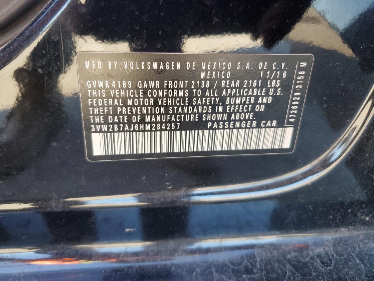 2017 Volkswagen Jetta VIN 3VW2B7AJ6HM284257 Copart auction photo, front end damage thumbnail 14