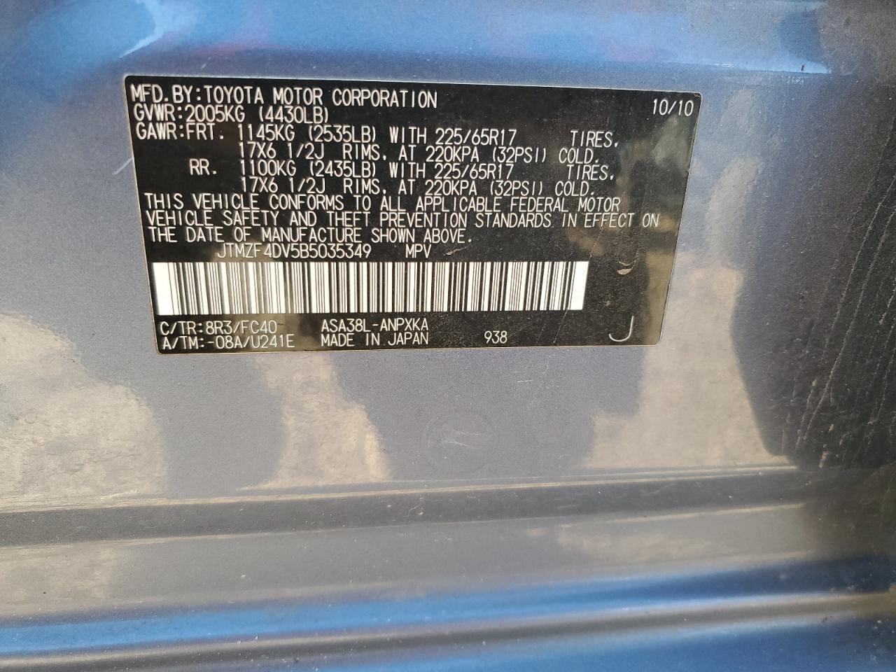 2011 Toyota RAV 4 VIN JTMZF4DV5B5035349 Copart auction photo, all over damage thumbnail 13