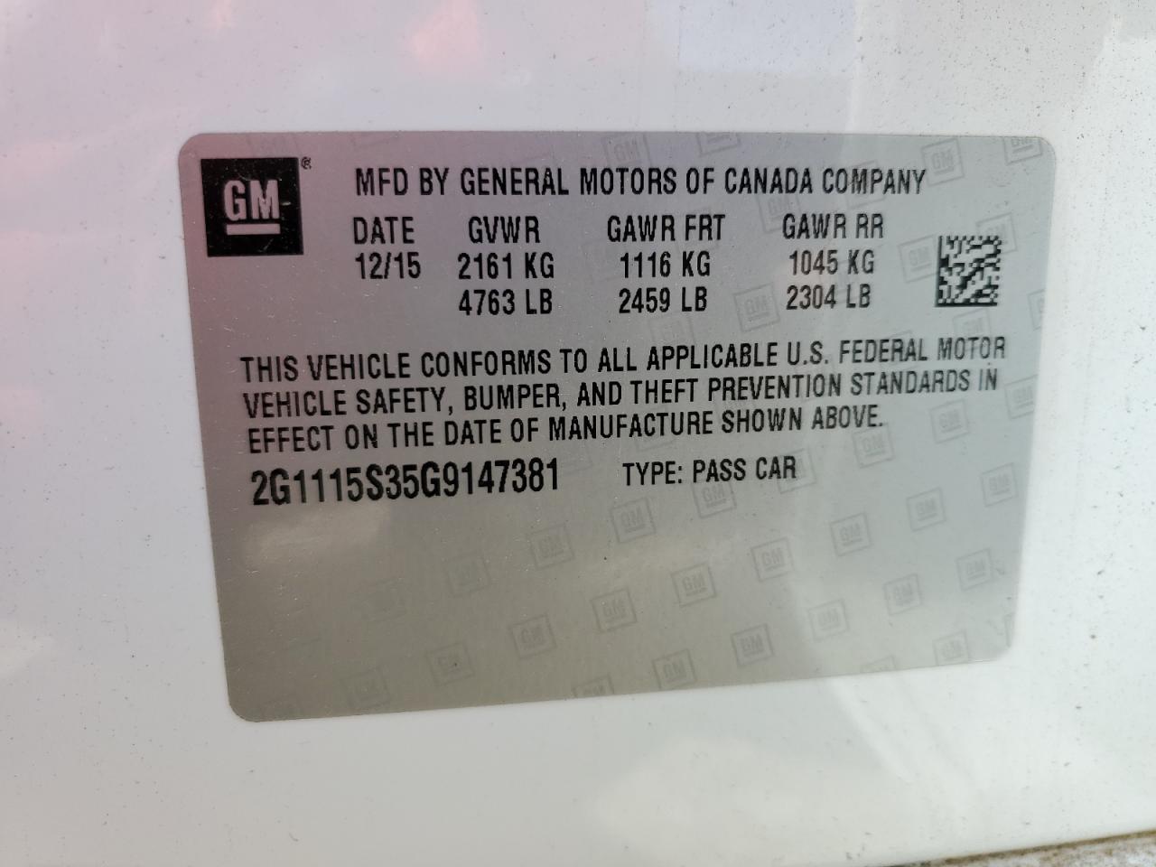 2016 Chevrolet Impala VIN 2G1115S35G9147381 Copart auction photo, all over / mechanical damage thumbnail 13