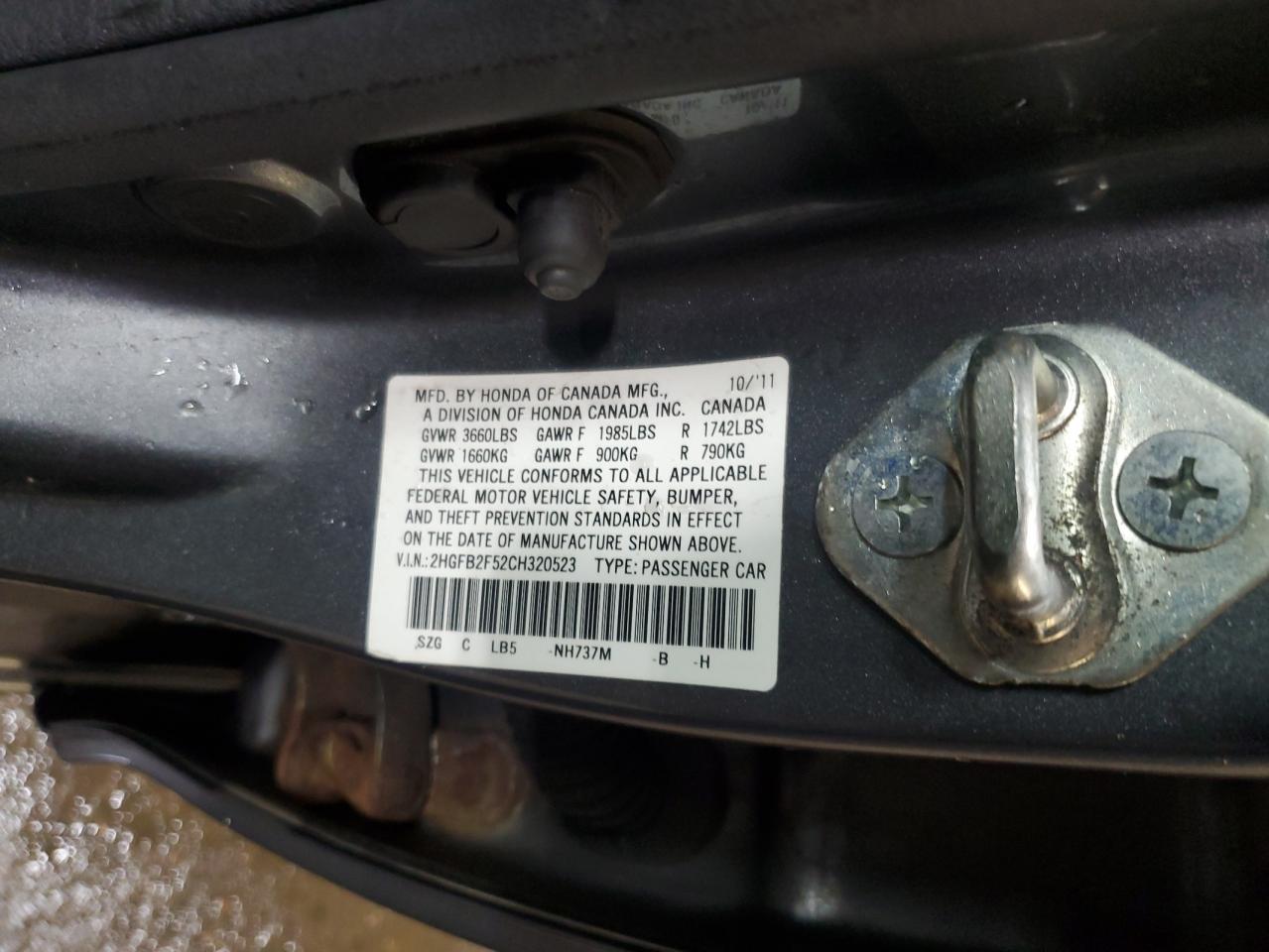 2012 Honda Civic VIN 2HGFB2F52CH320523 Copart auction photo, side damage thumbnail 12