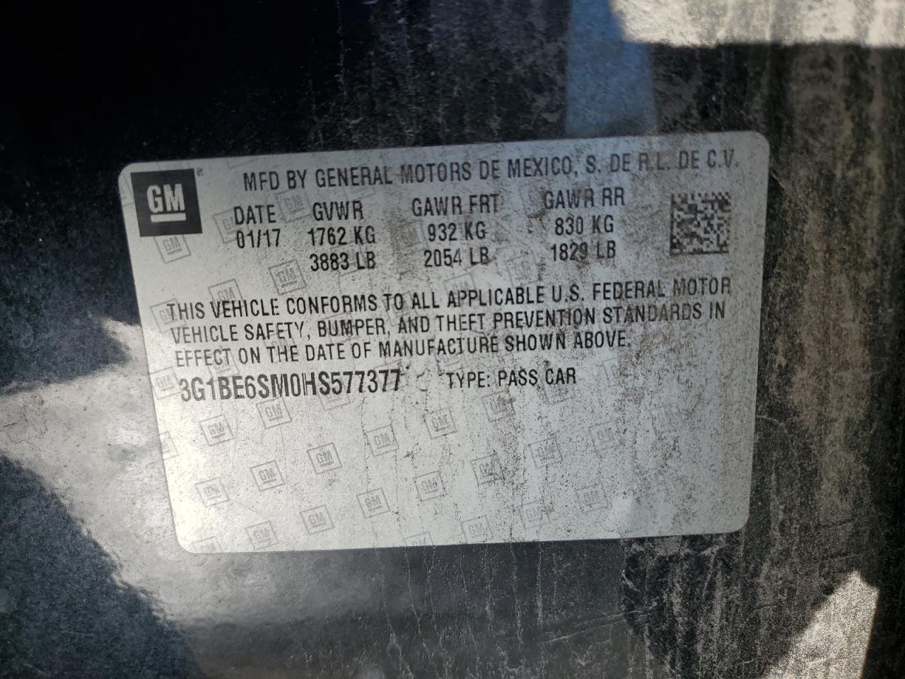 2017 Chevrolet Cruze VIN 3G1BE6SM0HS577377 Copart auction photo, front end damage thumbnail 12