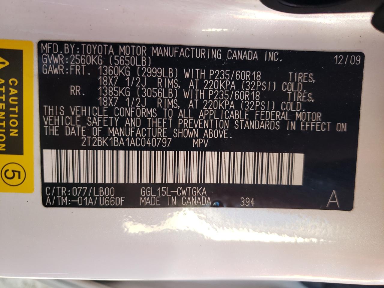2010 Lexus RX VIN 2T2BK1BA1AC040797 Copart auction photo, front end / side damage thumbnail 12