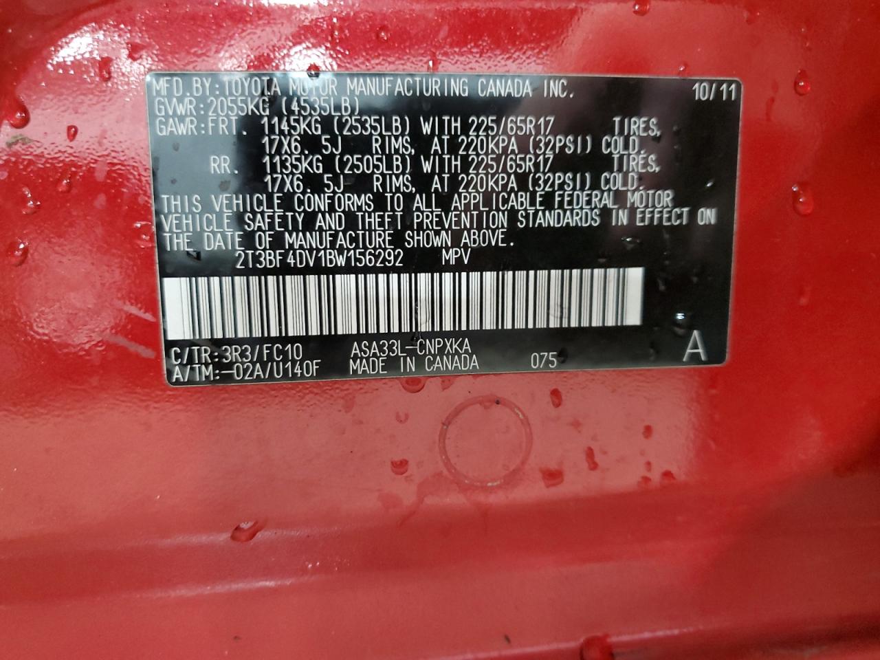 2011 Toyota RAV 4 VIN 2T3BF4DV1BW156292 Copart auction photo, front end / side damage thumbnail 12