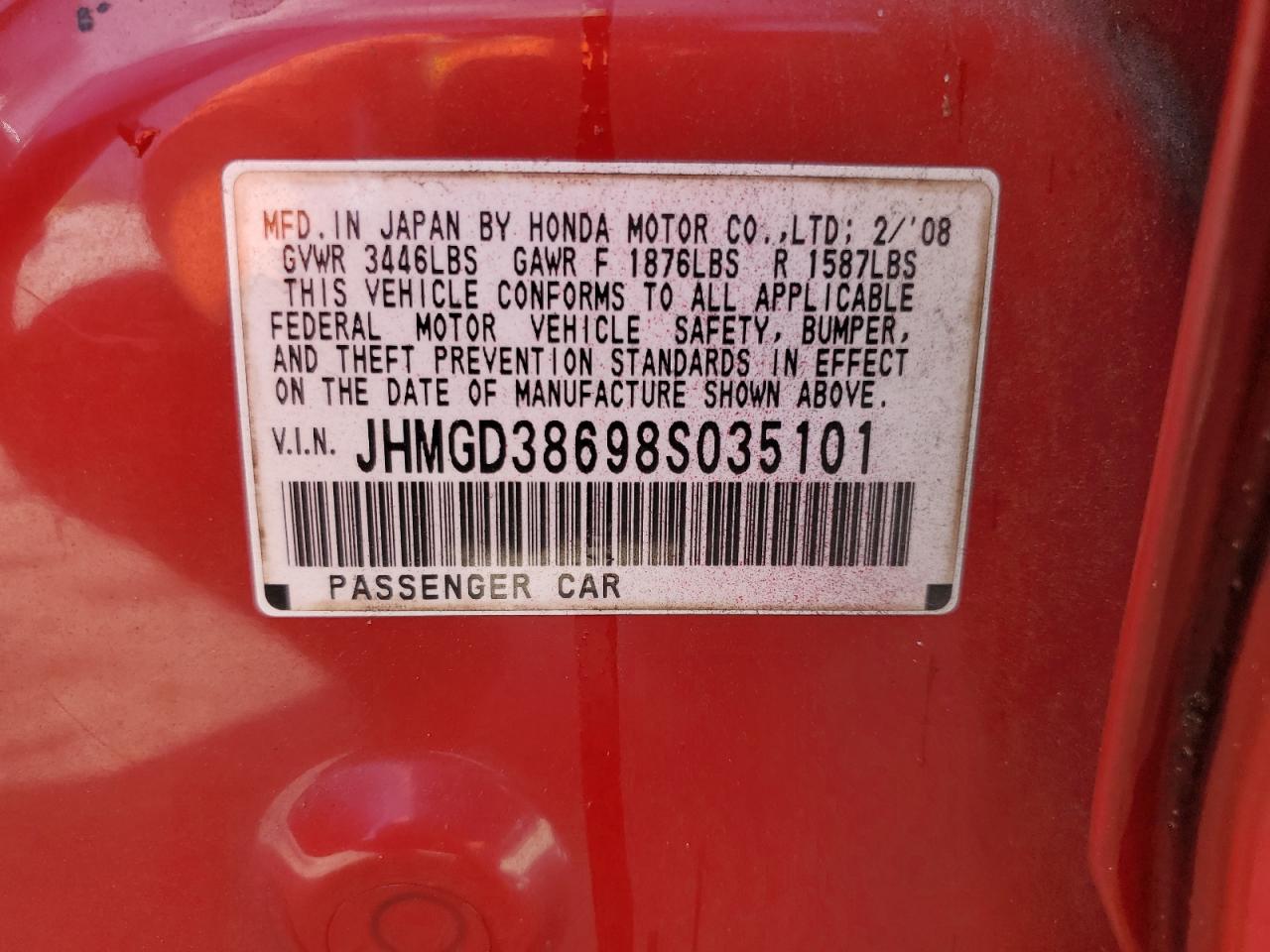 2008 Honda Fit VIN JHMGD38698S035101 Copart auction photo, front end damage thumbnail 14