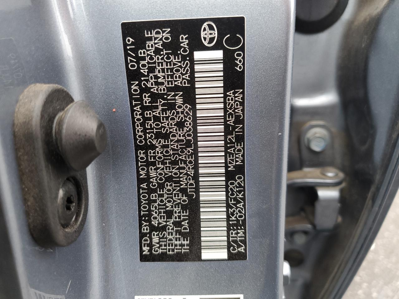 2020 Toyota Corolla VIN JTDP4RCE9LJ038629 Copart auction photo, front end / side damage thumbnail 15