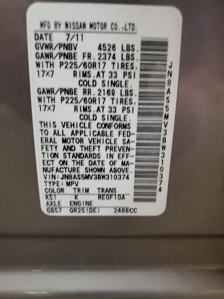 2011 Nissan Rogue VIN JN8AS5MV3BW310374 Copart auction photo, all over / undercarriage damage thumbnail 16