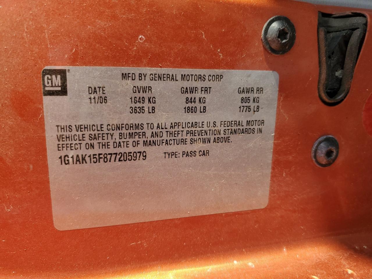 2007 Chevrolet Cobalt VIN 1G1AK15F877205979 Copart auction photo, side damage thumbnail 12
