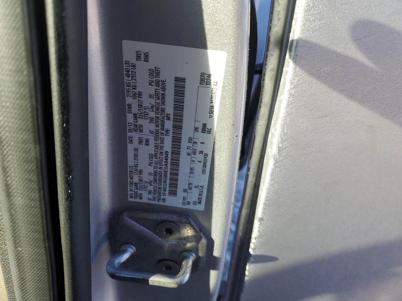 2014 Ford Escape VIN 1FMCU9G99EUA94949 Copart auction photo, front end damage thumbnail 15