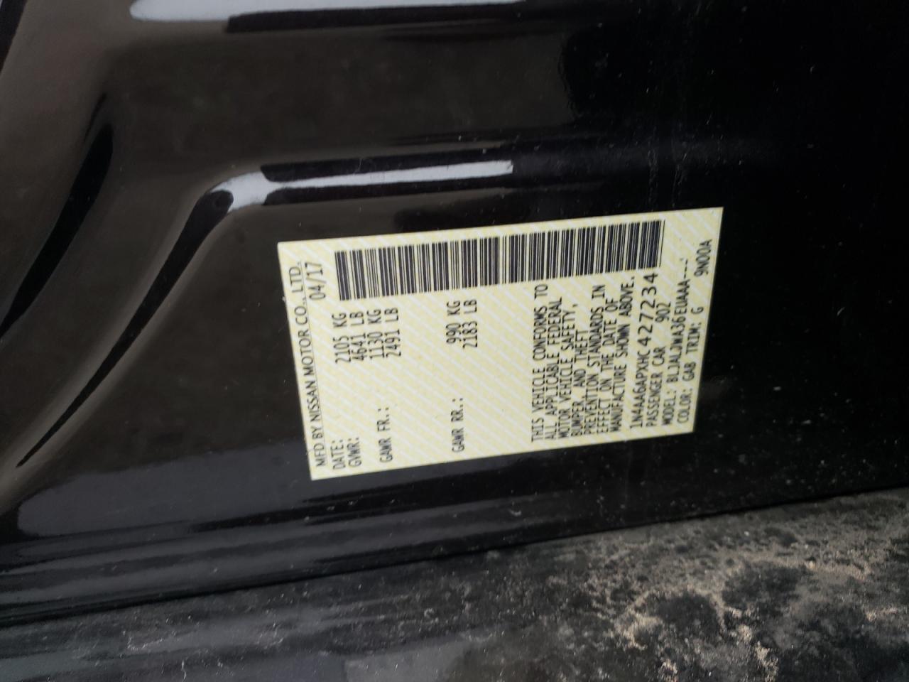 2017 Nissan Maxima VIN 1N4AA6APXHC427234 Copart auction photo, front end / rear end damage thumbnail 13