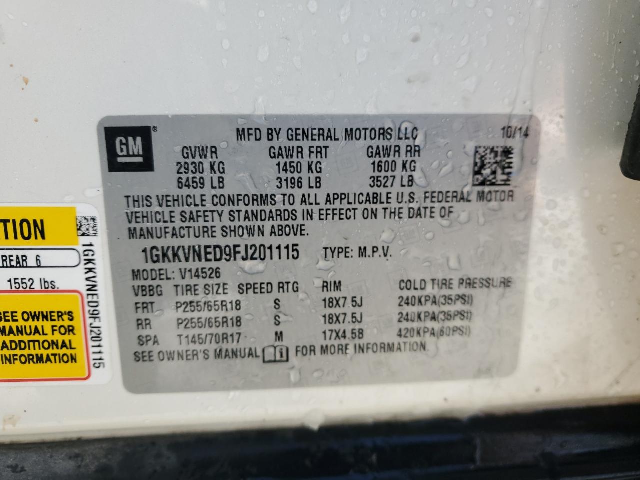 2015 GMC Acadia VIN 1GKKVNED9FJ201115 Copart auction photo, front end / rear end damage thumbnail 13
