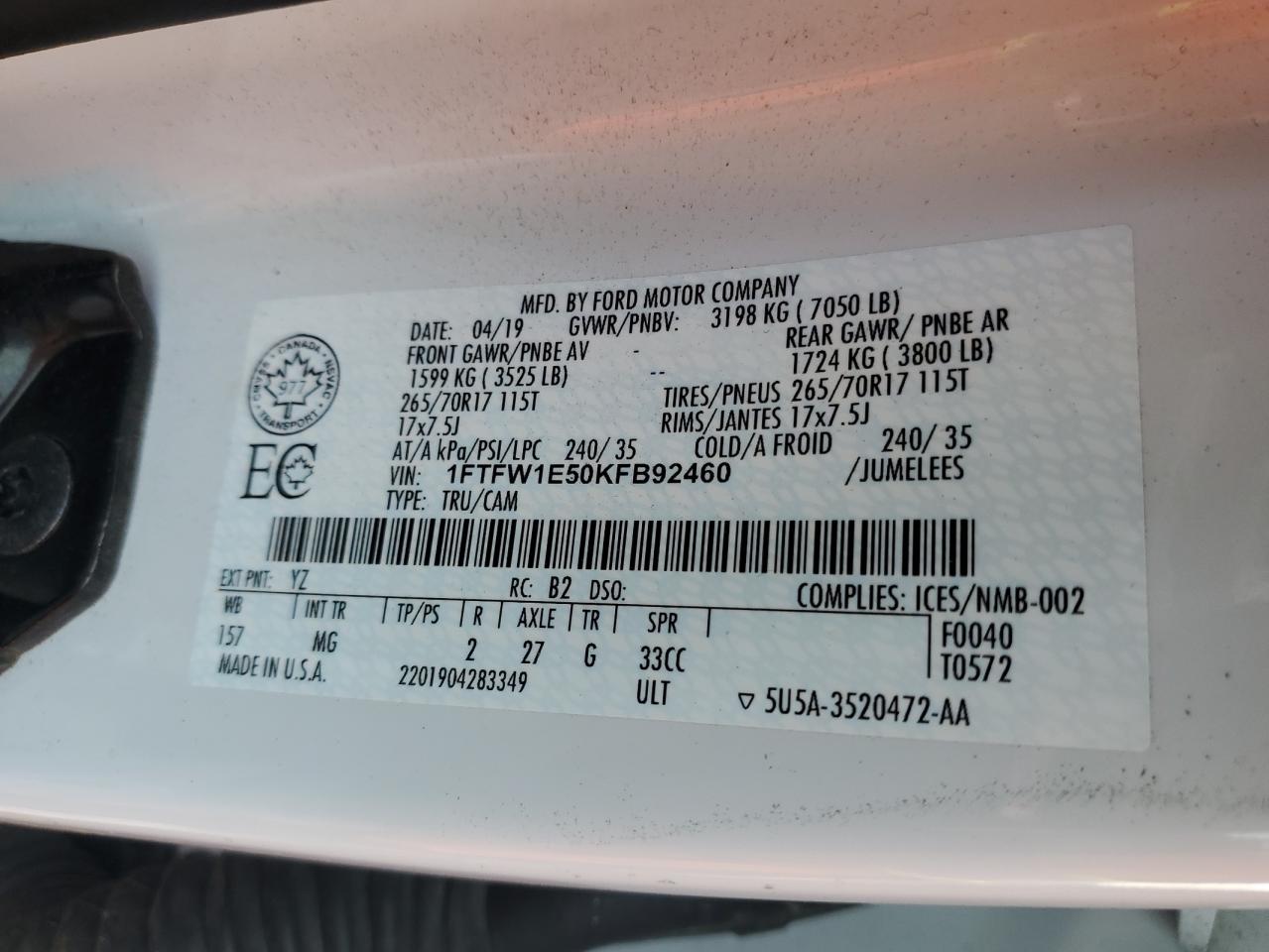 2019 Ford F-150 VIN 1FTFW1E50KFB92460 Copart auction photo, front end / side damage thumbnail 12