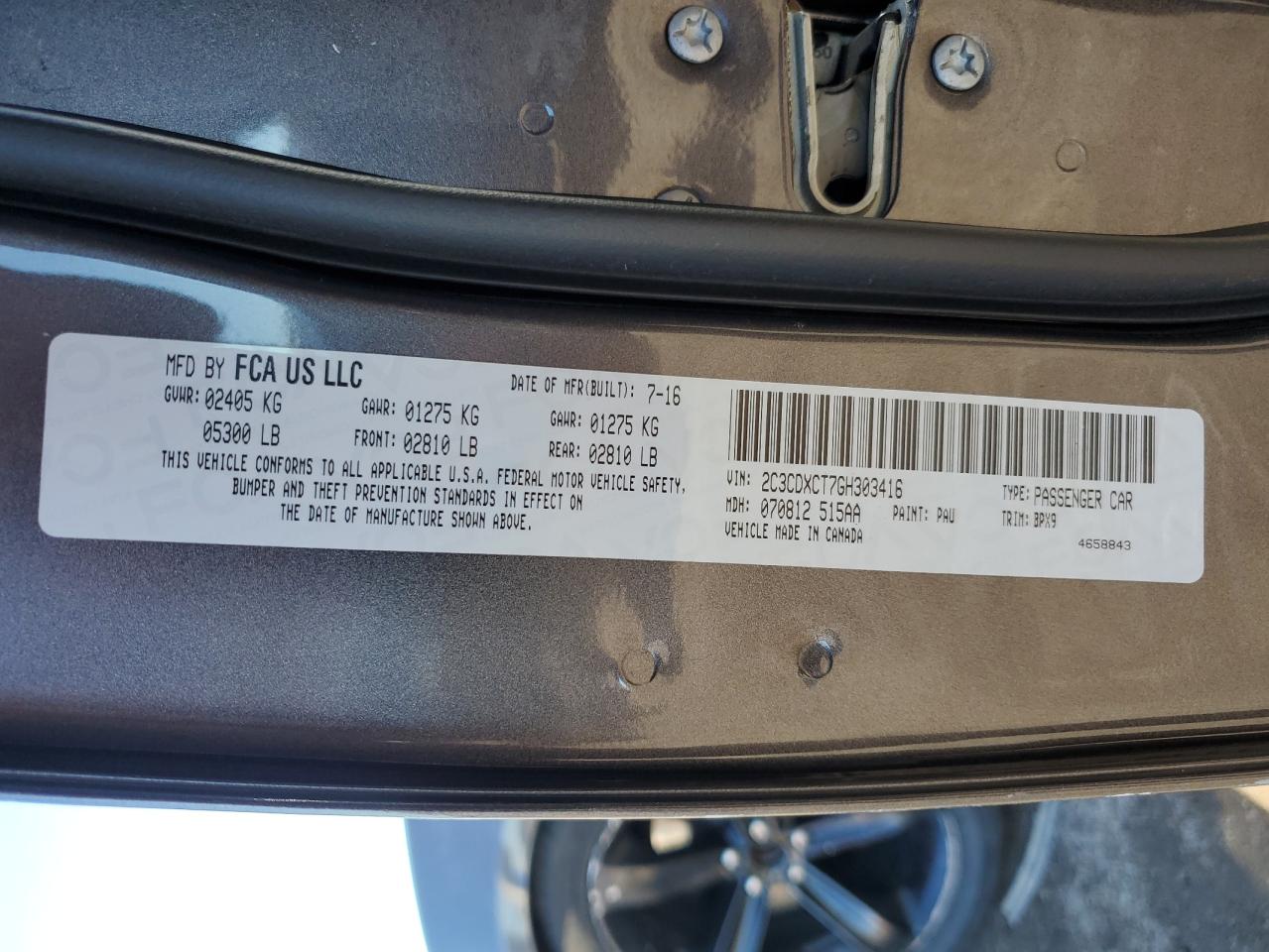 2016 Dodge Charger VIN 2C3CDXCT7GH303416 Copart auction photo, rear end / side damage thumbnail 12