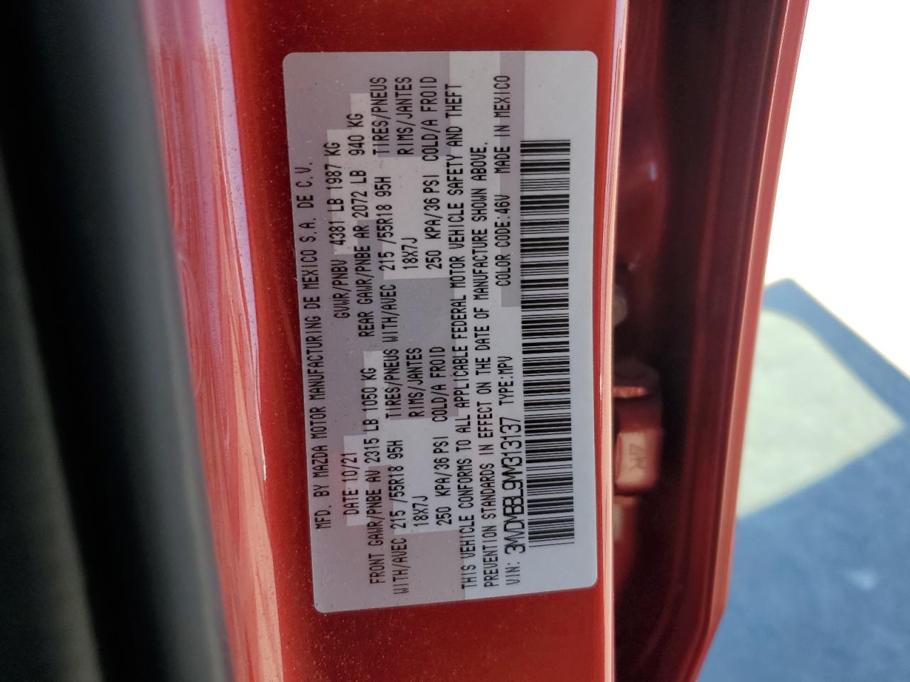 2021 Mazda CX-30 VIN 3MVDMBBL9MM313137 Copart auction photo, rear end / side damage thumbnail 14