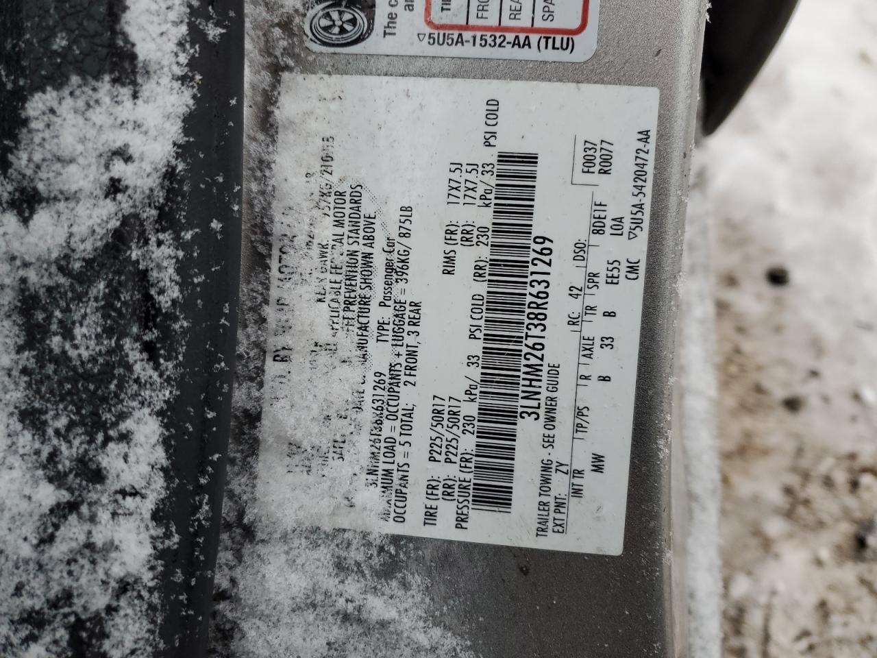 2008 Lincoln MKZ VIN 3LNHM26T38R631269 Copart auction photo, rear end / front end damage thumbnail 14