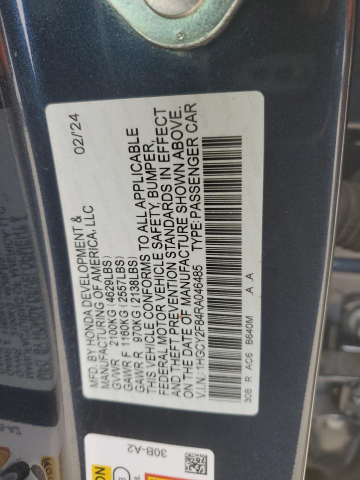 2024 Honda Accord VIN 1HGCY2F84RA046485 Copart auction photo, top/roof damage thumbnail 12