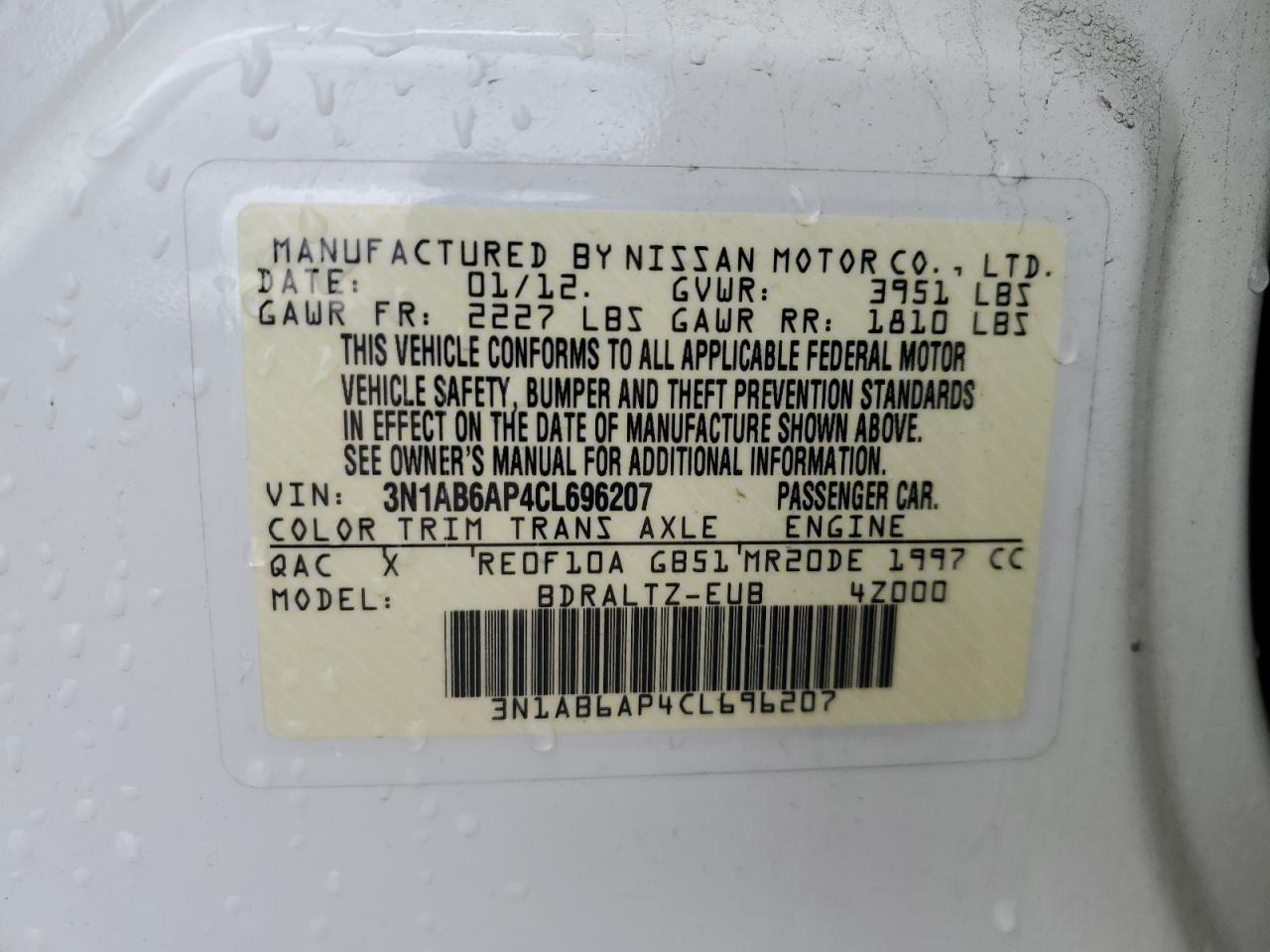 2012 Nissan Sentra VIN 3N1AB6AP4CL696207 Copart auction photo, rear end / side damage thumbnail 12
