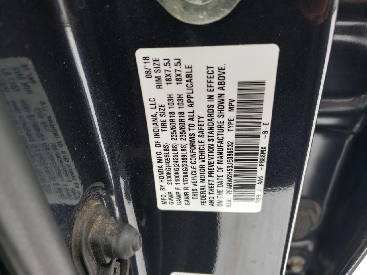 2018 Honda CR-V VIN 7FARW2H53JE086932 Copart auction photo, front end damage thumbnail 13