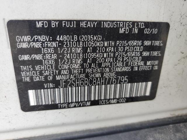 2010 Subaru Forester VIN JF2SH6BC8AH776795 Copart auction photo, rear end damage thumbnail 12