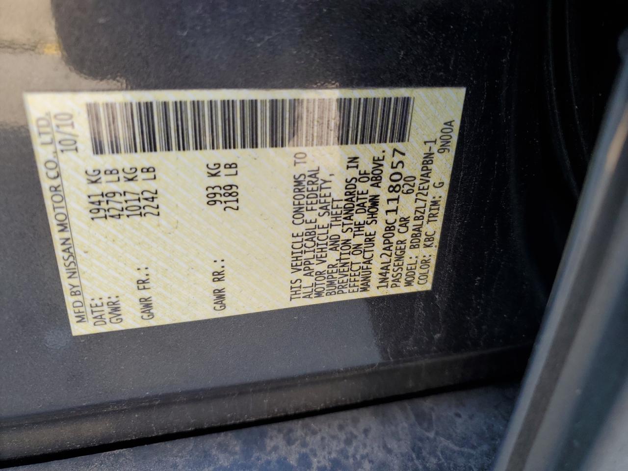 2011 Nissan Altima VIN 1N4AL2AP0BC118057 Copart auction photo, rear end damage thumbnail 12