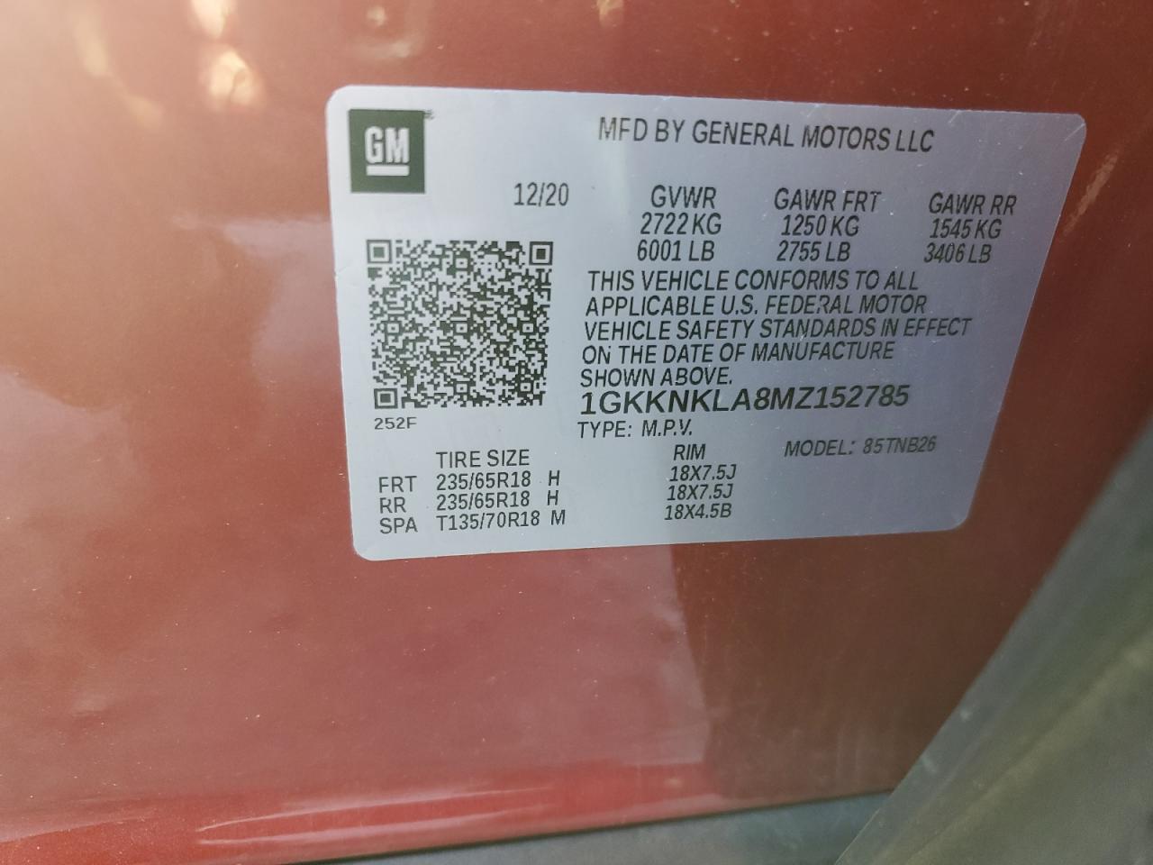 2021 GMC Acadia VIN 1GKKNKLA8MZ152785 Copart auction photo, side / rear end damage thumbnail 13