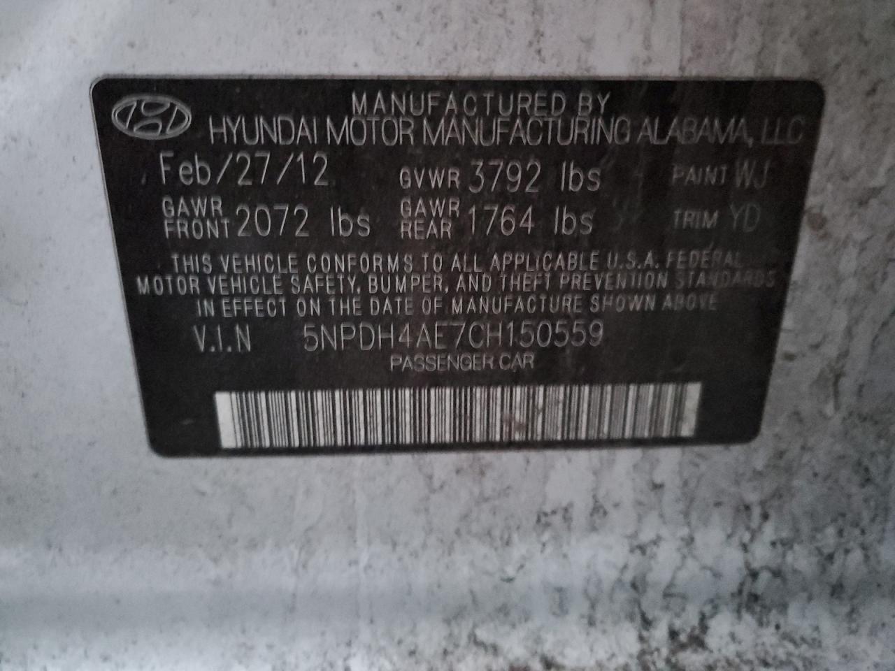 2012 Hyundai Elantra VIN 5NPDH4AE7CH150559 Copart auction photo, front end / rear end damage thumbnail 12