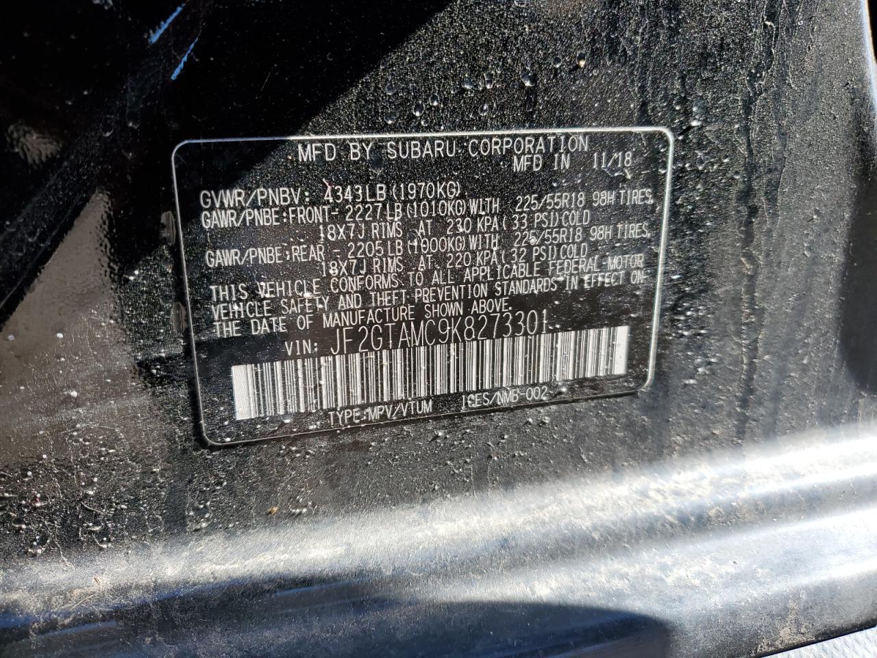 2019 Subaru XV VIN JF2GTAMC9K8273301 Copart auction photo, rear end / side damage thumbnail 16