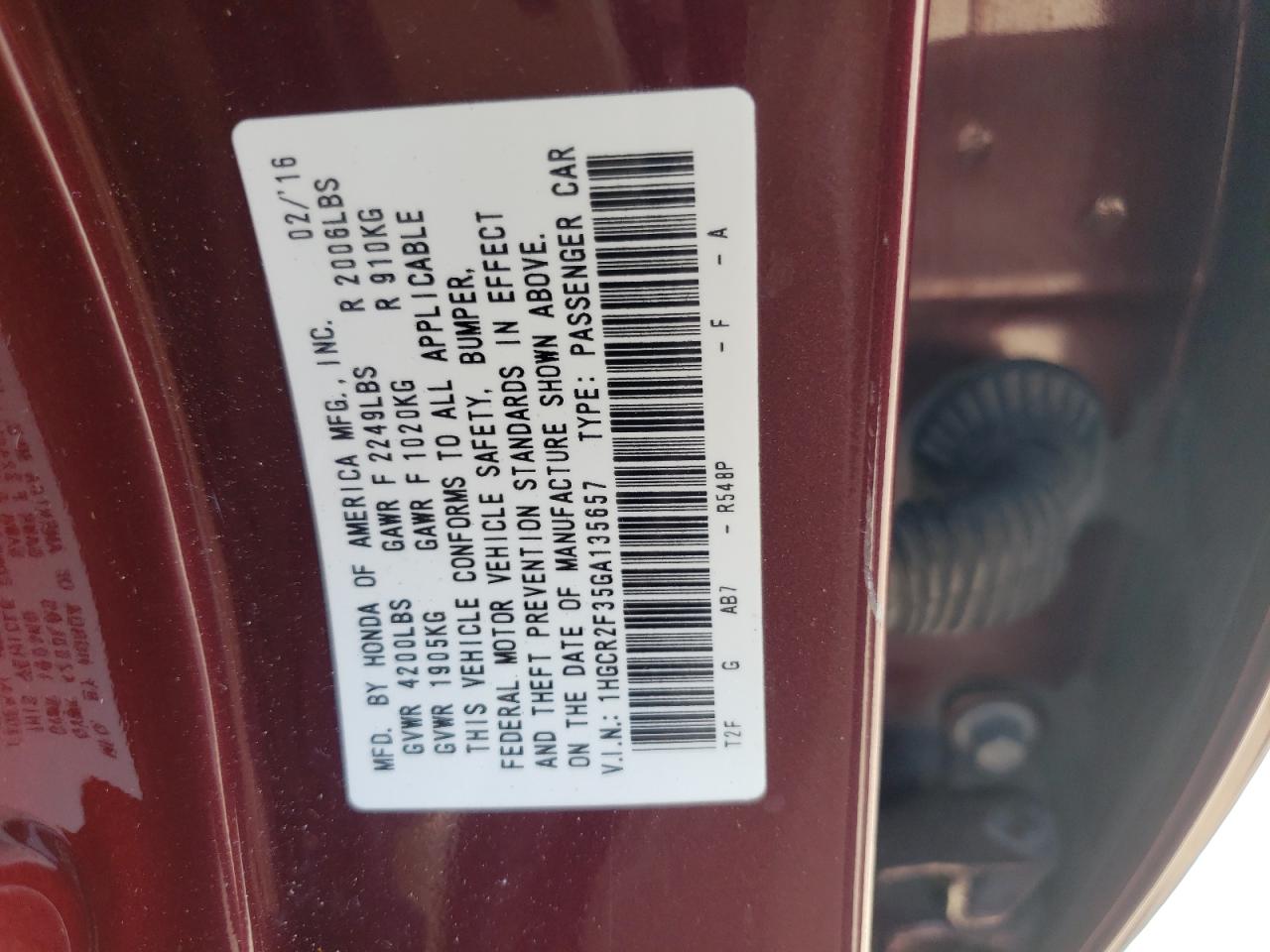 2016 Honda Accord VIN 1HGCR2F35GA135657 Copart auction photo, front end damage thumbnail 14