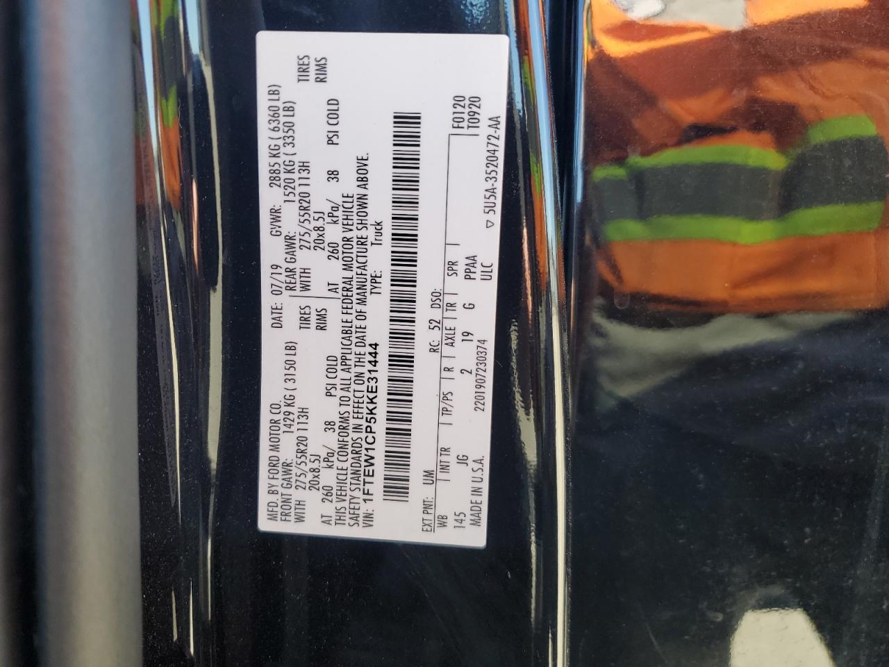 2019 Ford F-150 VIN 1FTEW1CP5KKE31444 Copart auction photo, front end / hail damage thumbnail 15