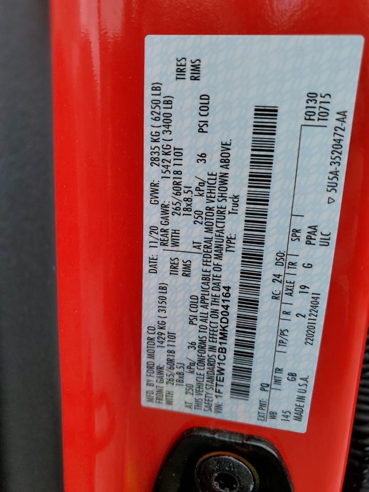 2021 Ford F-150 VIN 1FTEW1CB1MKD04164 Copart auction photo, all over damage thumbnail 12
