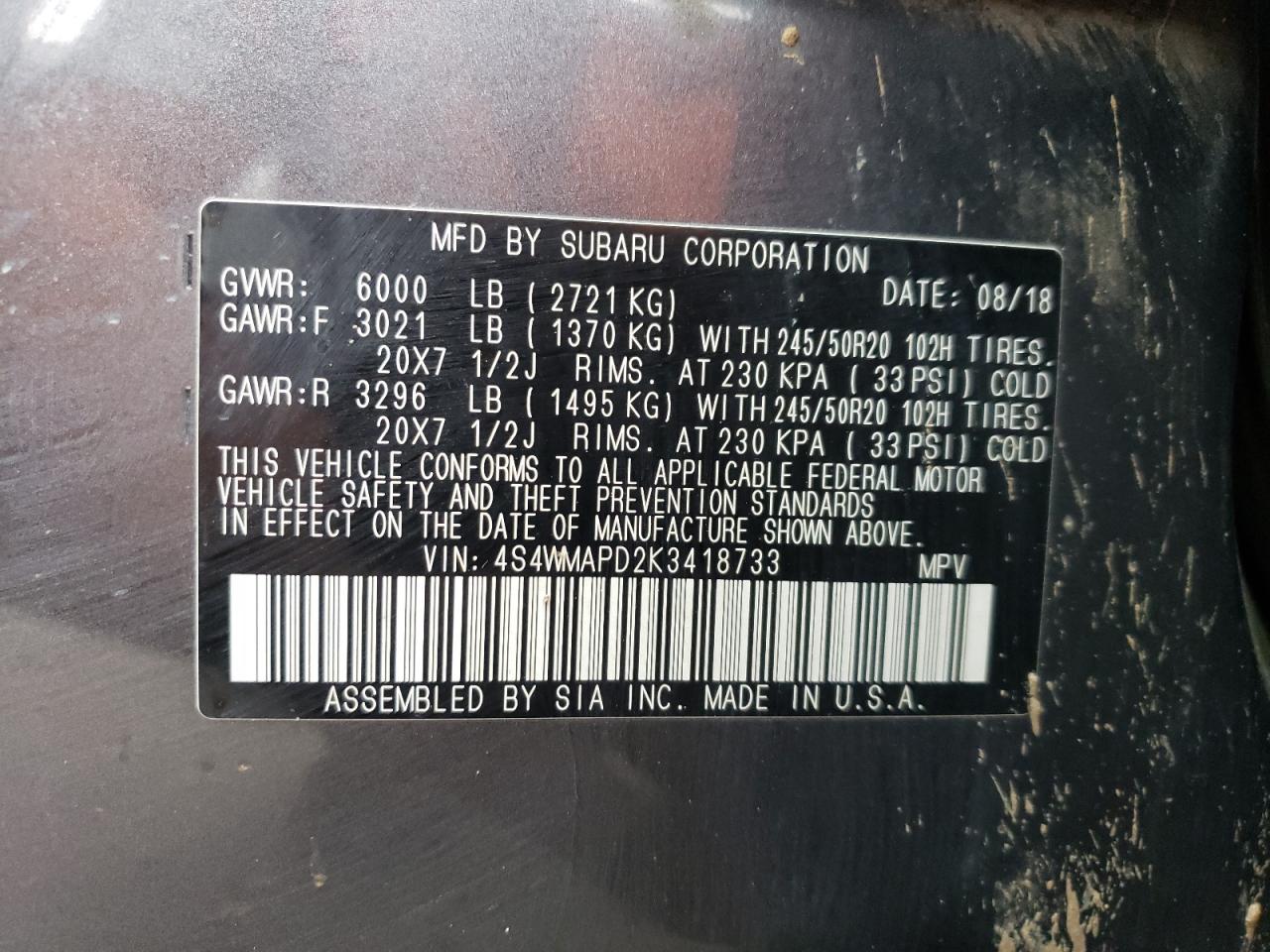 2019 Subaru Ascent VIN 4S4WMAPD2K3418733 Copart auction photo, vandalism / front end damage thumbnail 13