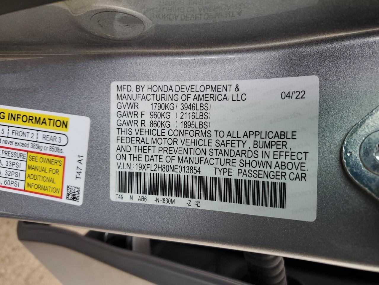 2022 Honda Civic VIN 19XFL2H80NE013854 Copart auction photo, front end damage thumbnail 14