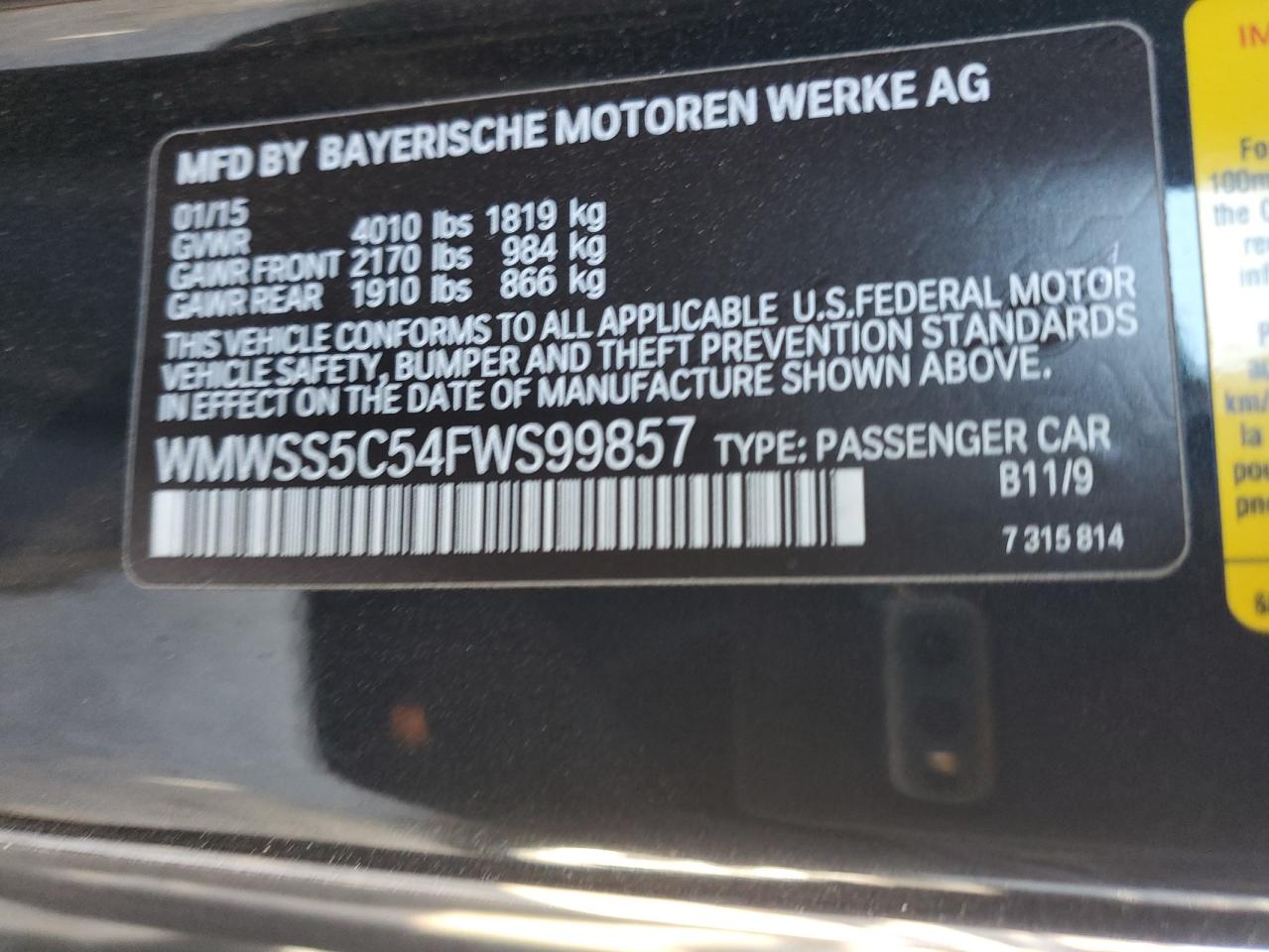 2015 MINI Cooper VIN WMWSS5C54FWS99857 Copart auction photo, front end / mechanical damage thumbnail 15