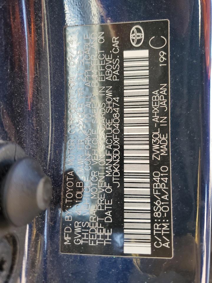 2015 Toyota Prius VIN JTDKN3DUXF0408474 Copart auction photo, front end / side damage thumbnail 15