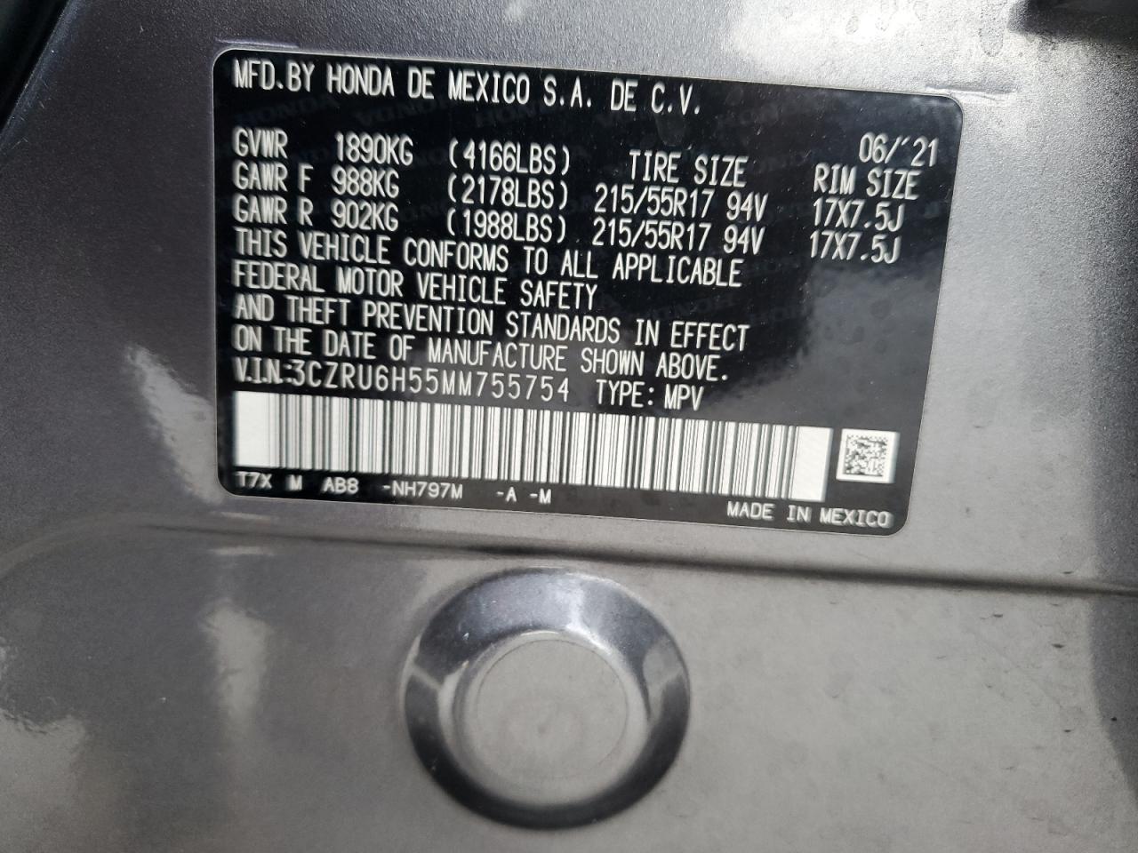 2021 Honda HR-V VIN 3CZRU6H55MM755754 Copart auction photo, front end damage thumbnail 15