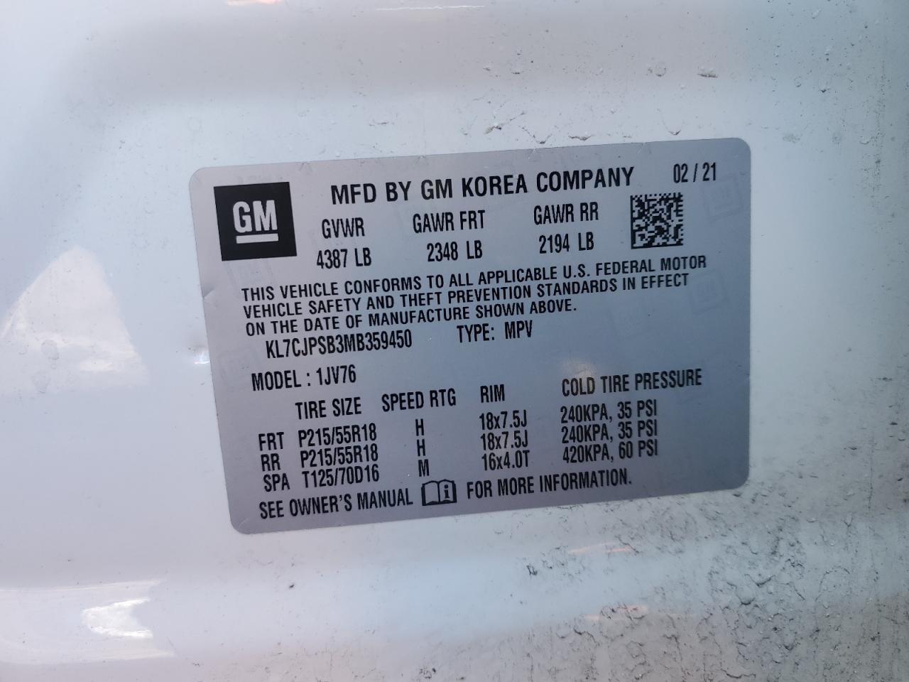 2021 Chevrolet Trax VIN KL7CJPSB3MB359450 Copart auction photo, rear end / side damage thumbnail 14