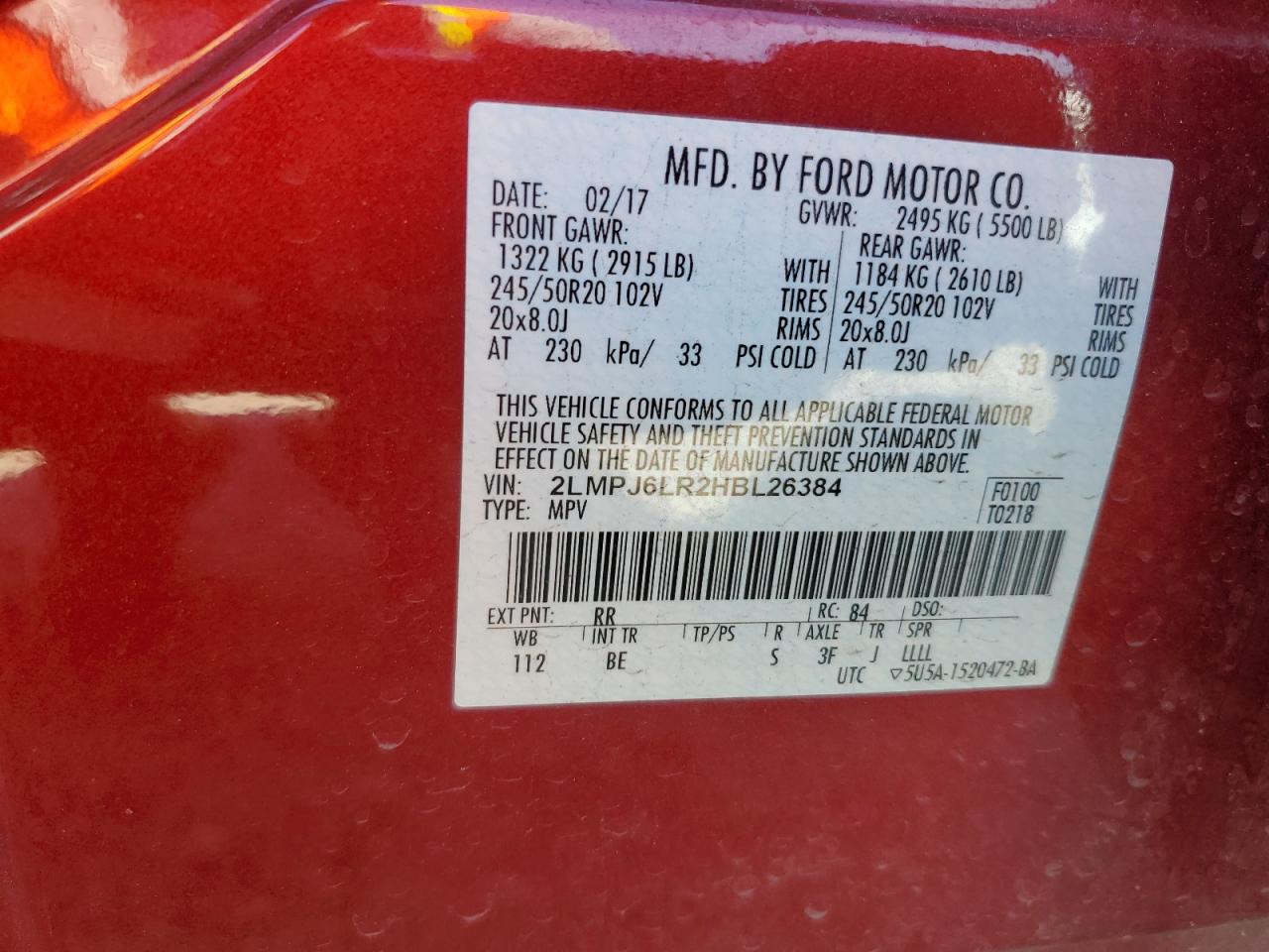 2017 Lincoln MKX VIN 2LMPJ6LR2HBL26384 Copart auction photo, front end / side damage thumbnail 14