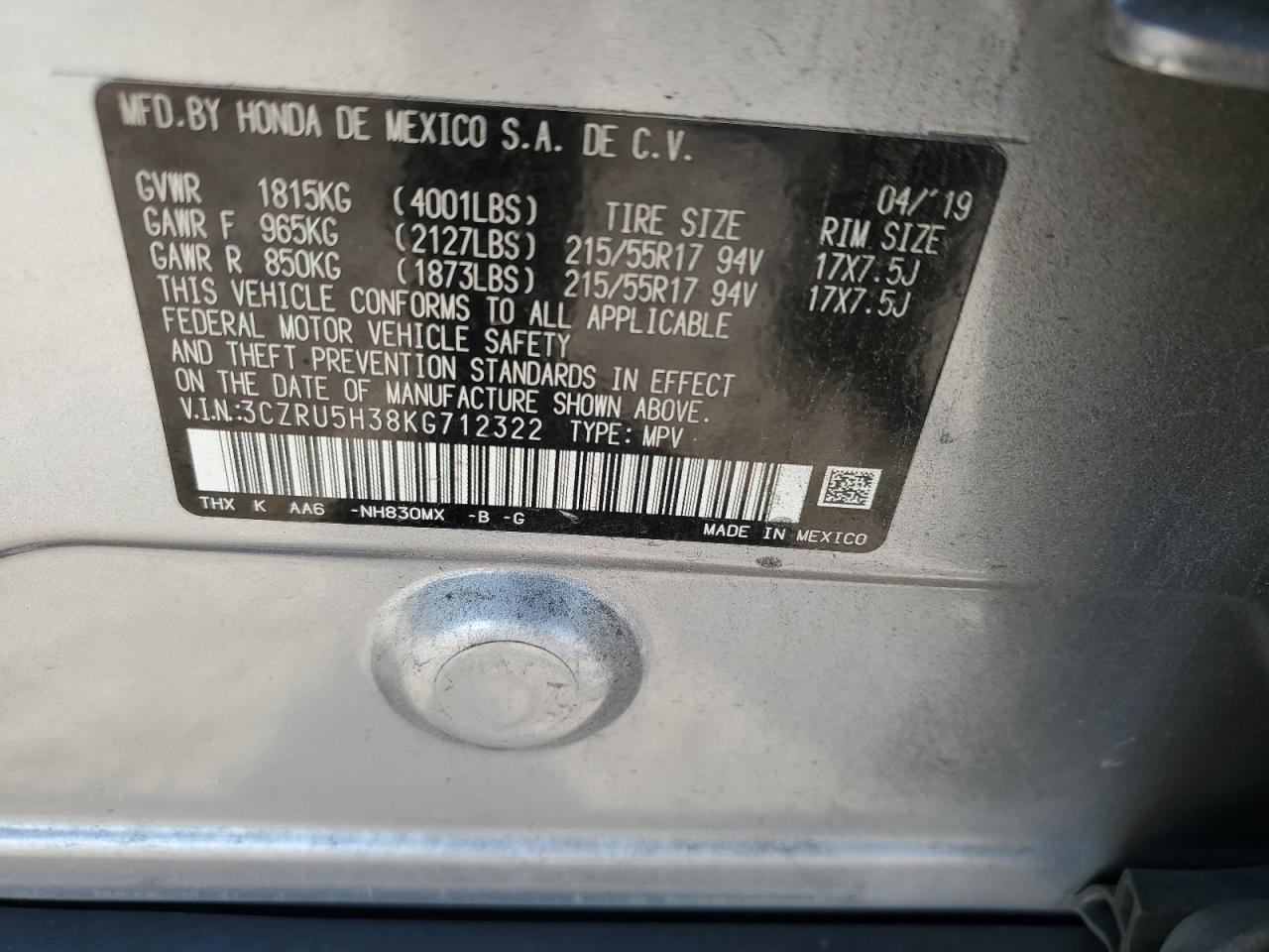 2019 Honda HR-V VIN 3CZRU5H38KG712322 Copart auction photo, undercarriage / minor dent/scratches damage thumbnail 15