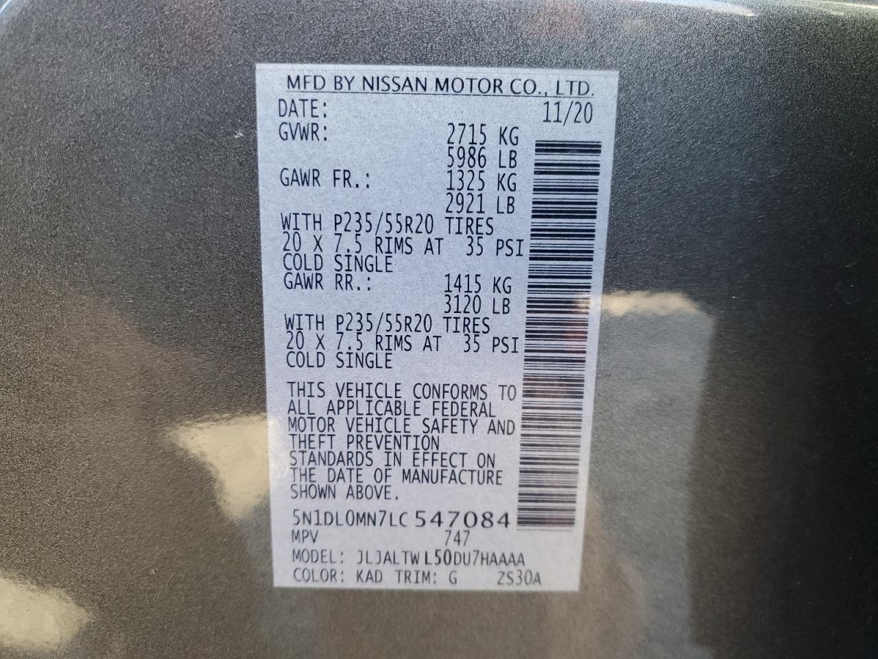 2020 Infiniti QX60 VIN 5N1DL0MN7LC547084 Copart auction photo, front end damage thumbnail 13