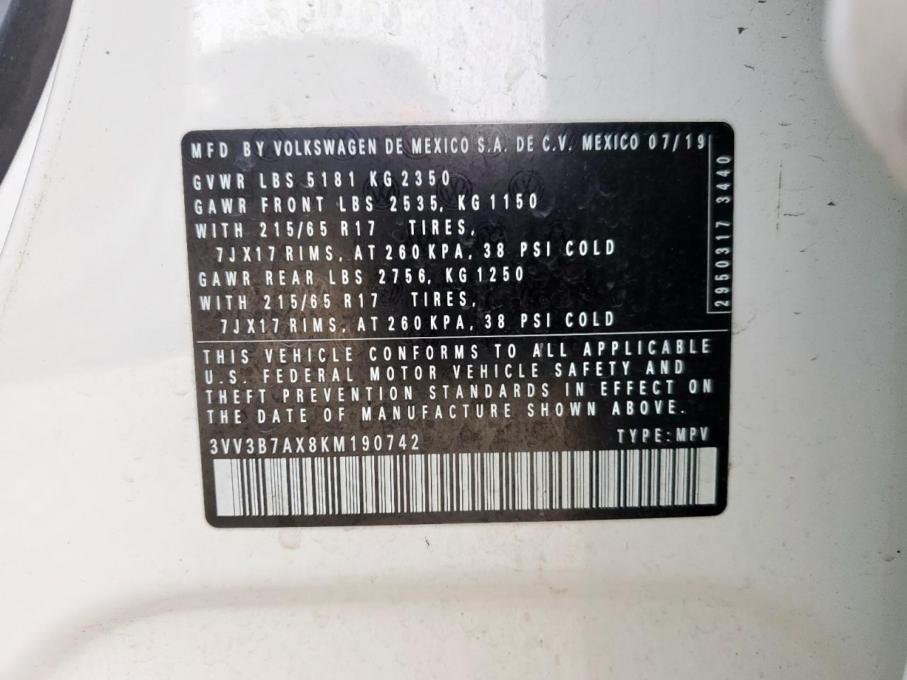 2019 Volkswagen Tiguan VIN 3VV3B7AX8KM190742 Copart auction photo, side damage thumbnail 15